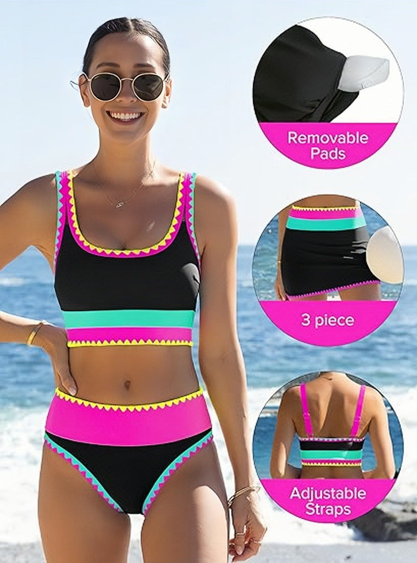 🏖️Hot Sale🌼Color Block Patchwork Nylon Sporty 3-Piece Bikini Set - High Waisted & Tummy Control Swimsuit👙🌈