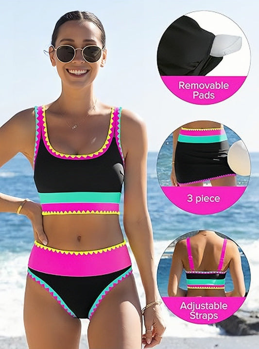 🏖️Hot Sale🌼Color Block Patchwork Nylon Sporty 3-Piece Bikini Set - High Waisted & Tummy Control Swimsuit👙🌈