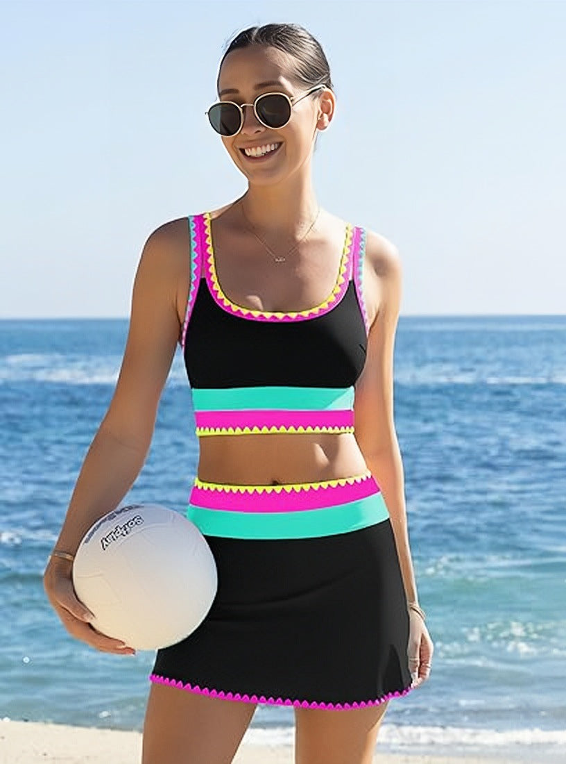 🏖️Hot Sale🌼Color Block Patchwork Nylon Sporty 3-Piece Bikini Set - High Waisted & Tummy Control Swimsuit👙🌈