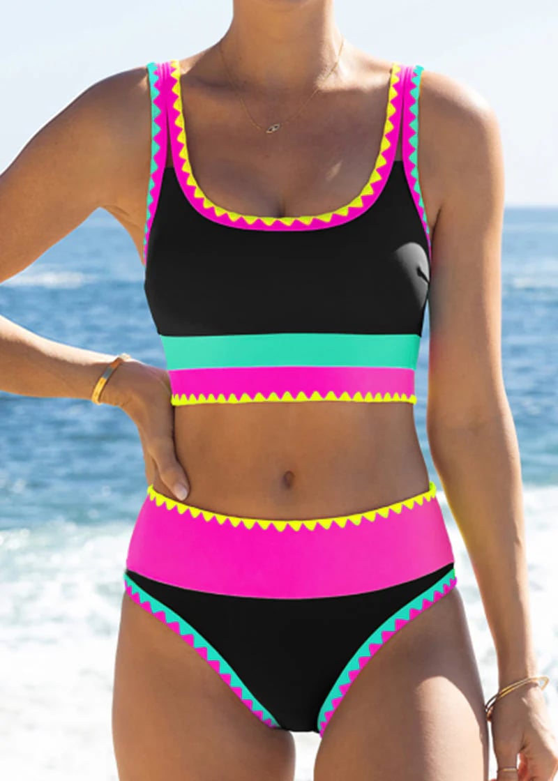 🏖️Hot Sale🌼Color Block Patchwork Nylon Sporty 3-Piece Bikini Set - High Waisted & Tummy Control Swimsuit👙🌈