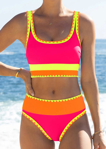 🏖️Hot Sale🌼Color Block Patchwork Nylon Sporty 3-Piece Bikini Set - High Waisted & Tummy Control Swimsuit👙🌈