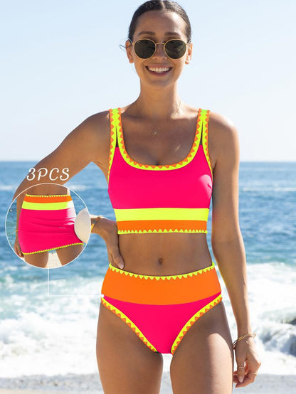 🏖️Hot Sale🌼Color Block Patchwork Nylon Sporty 3-Piece Bikini Set - High Waisted & Tummy Control Swimsuit👙🌈